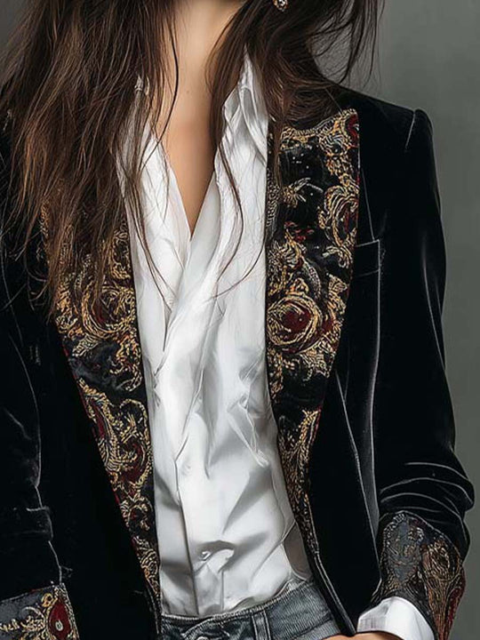 Black Velvet Blazer With Baroque Printed Lapel – Timeless Vintage Luxury