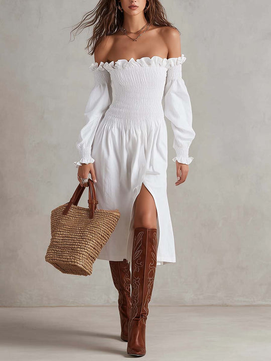 Off-Shoulder Shirred Midi Dress