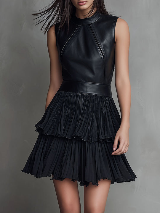 Chic Black Eco Leather & Pleated Chiffon Tiered Skirt Mini Dress