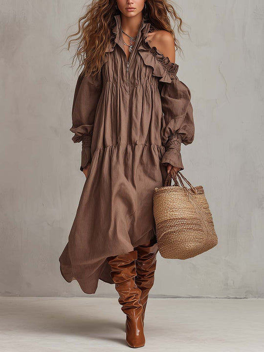 Ruffled Off-Shoulder Viscose–Linen Maxi Dress