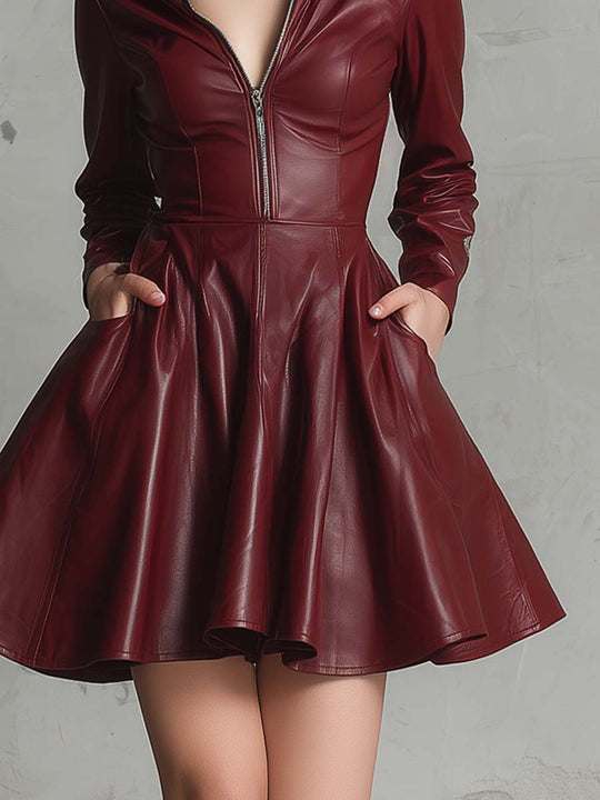 Vintage Zipper Collar Faux Leather Flare Hem Mini Dress
