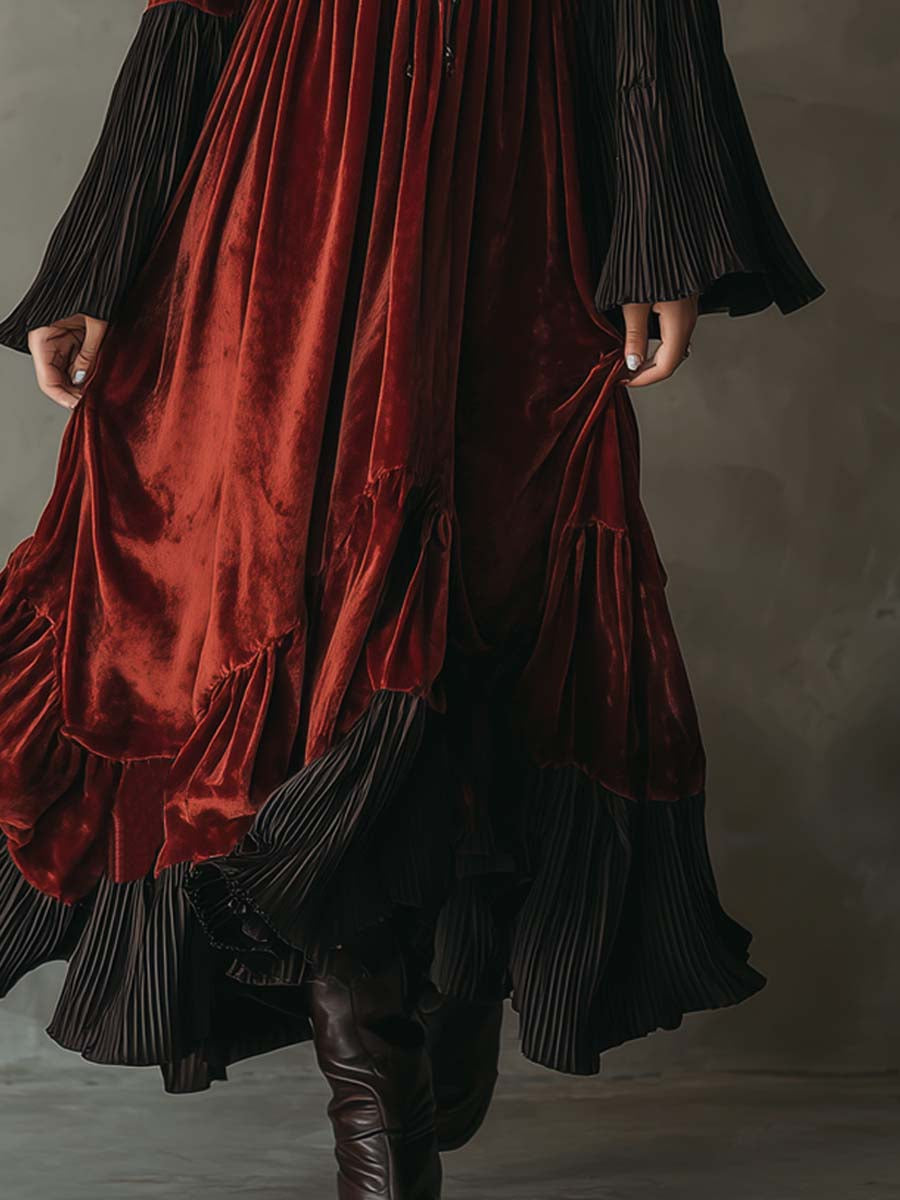 Vintage Pleated Ruffle Hem Polyester Velvet Midi Dress