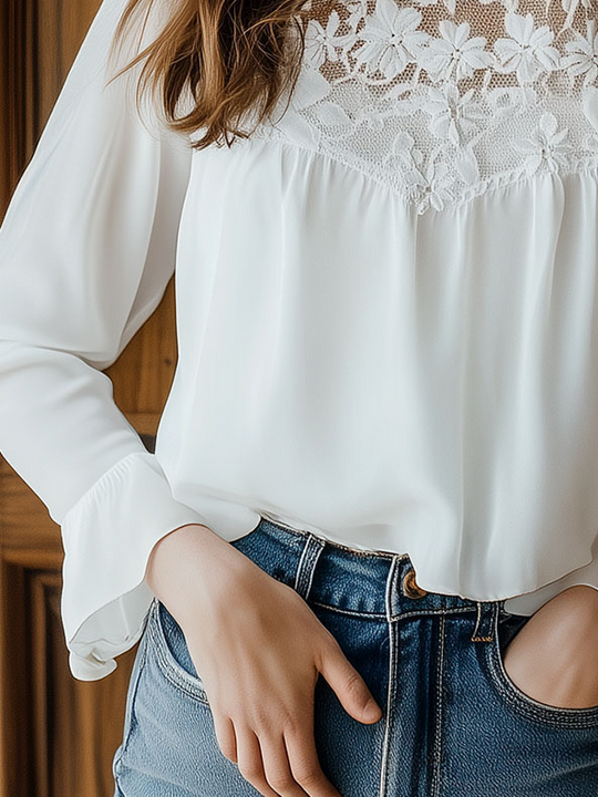 Lace Patchwork Ruffled Cuffs Chiffon Blouse