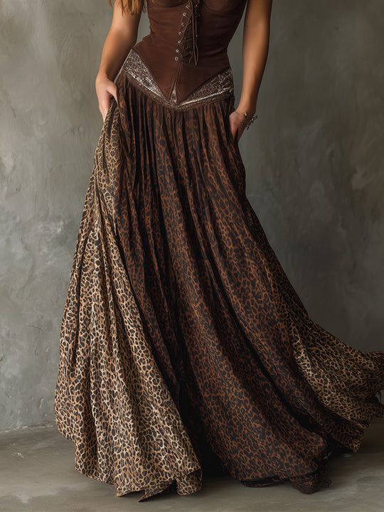 Bohemian Leopard Print Pleated Patchwork Long Maxi Skirt