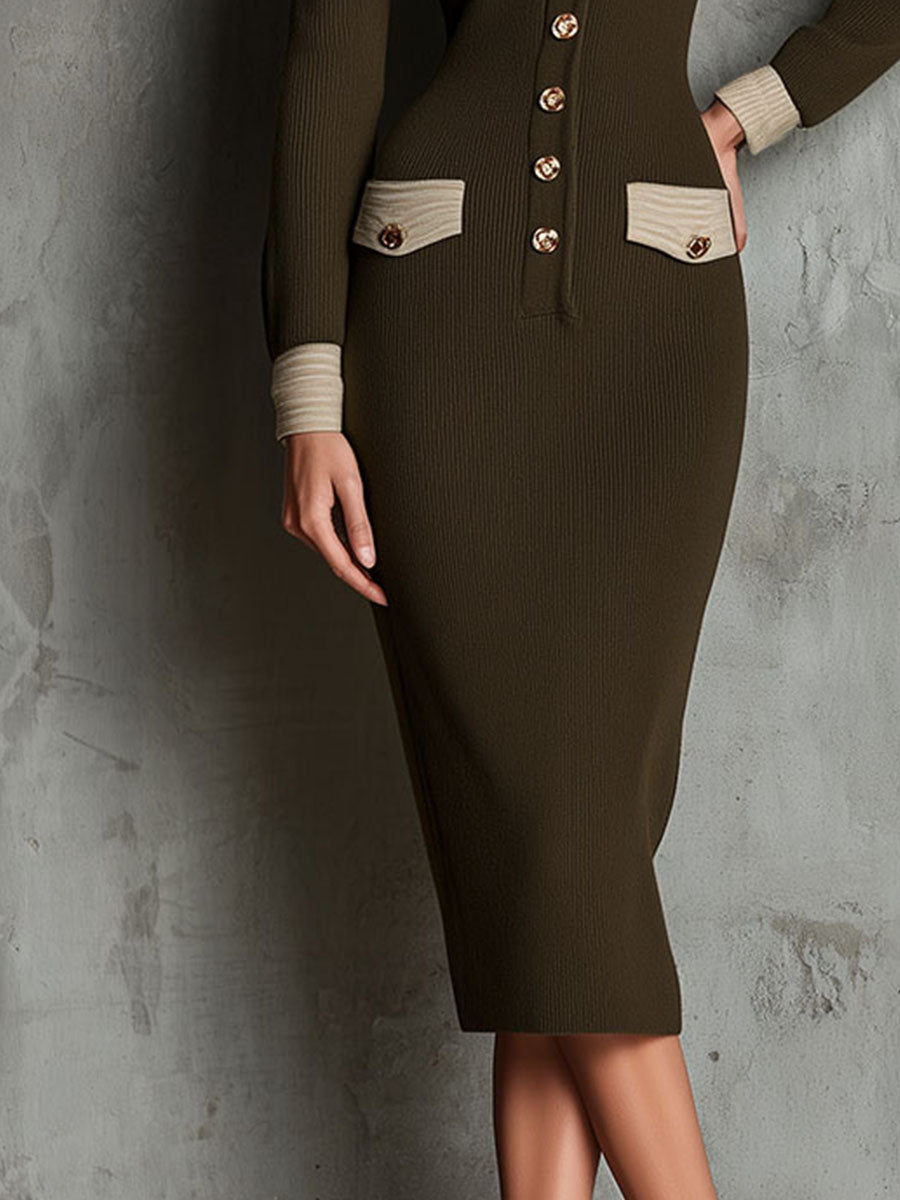 Vintage Olive Button Front Contrast-Trim Knit Midi Dress With Pockets