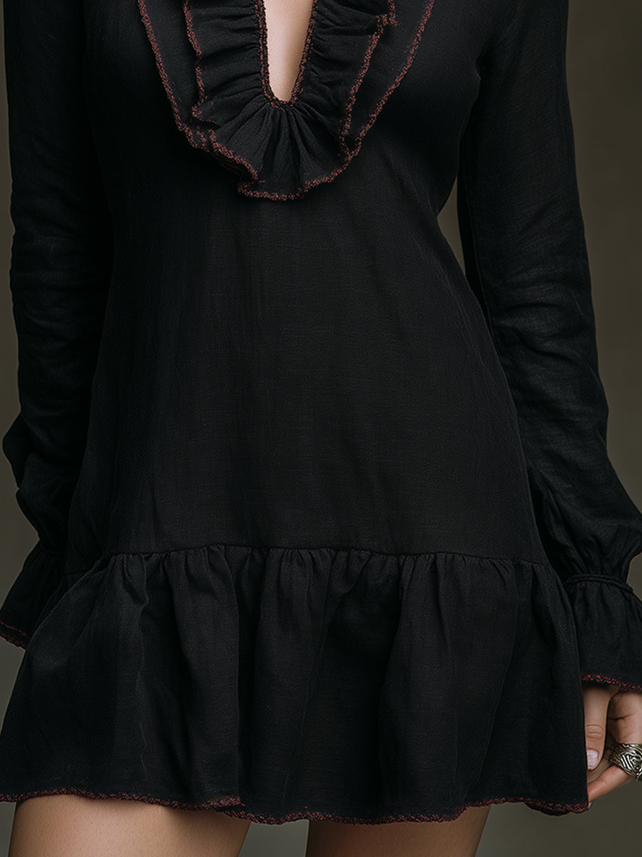 Retro Ruffled Placket Keyhole Neckline Cotton Blend Mini Dress