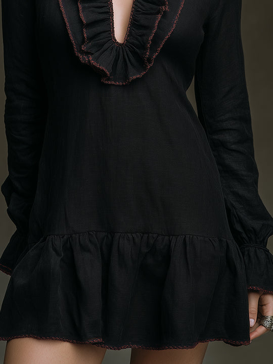 Retro Ruffled Placket Keyhole Neckline Cotton Blend Mini Dress