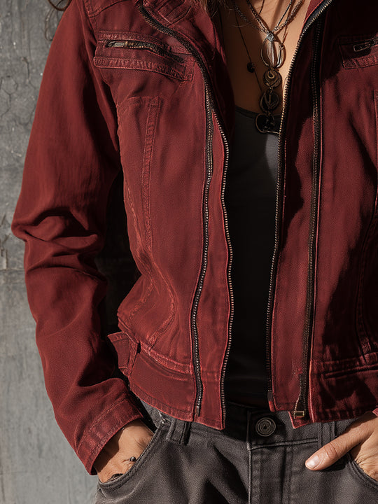 Bohemian Washed Denim Jacket With Stand Collar And Front Zip