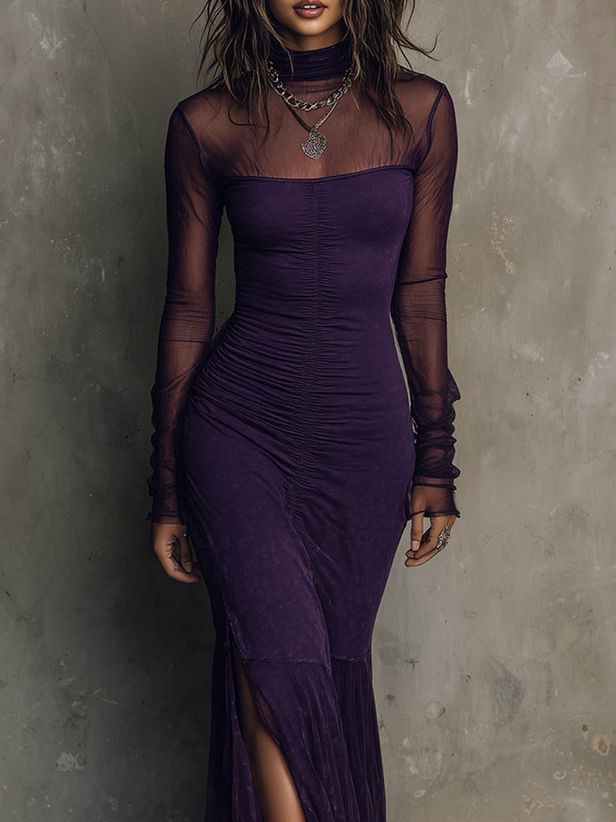 Elegant Mesh Spliced washed Cotton Hem Slit Maxi Dress