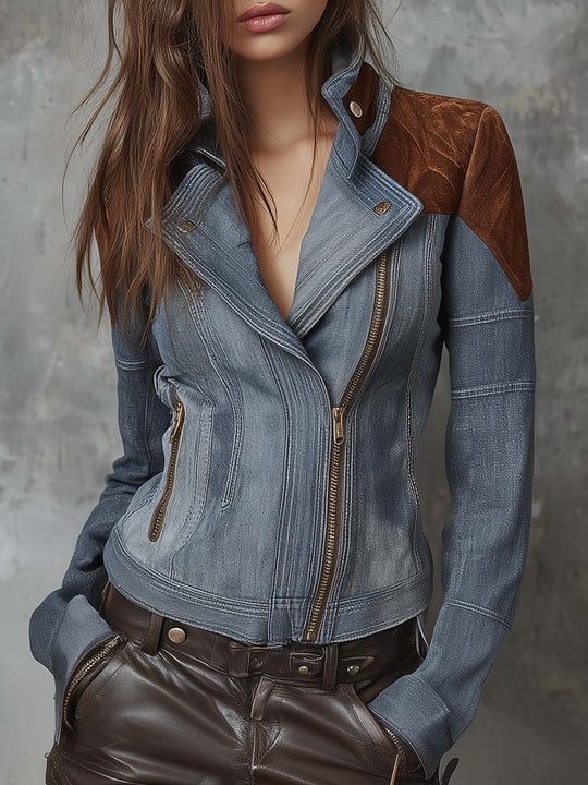 Two-Tone Cotton Denim Moto Jacket With Eco-Suede Shoulder Panels