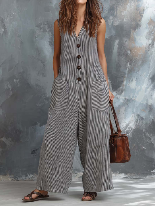 Retro Striped Cotton And Linen Jumpsuit