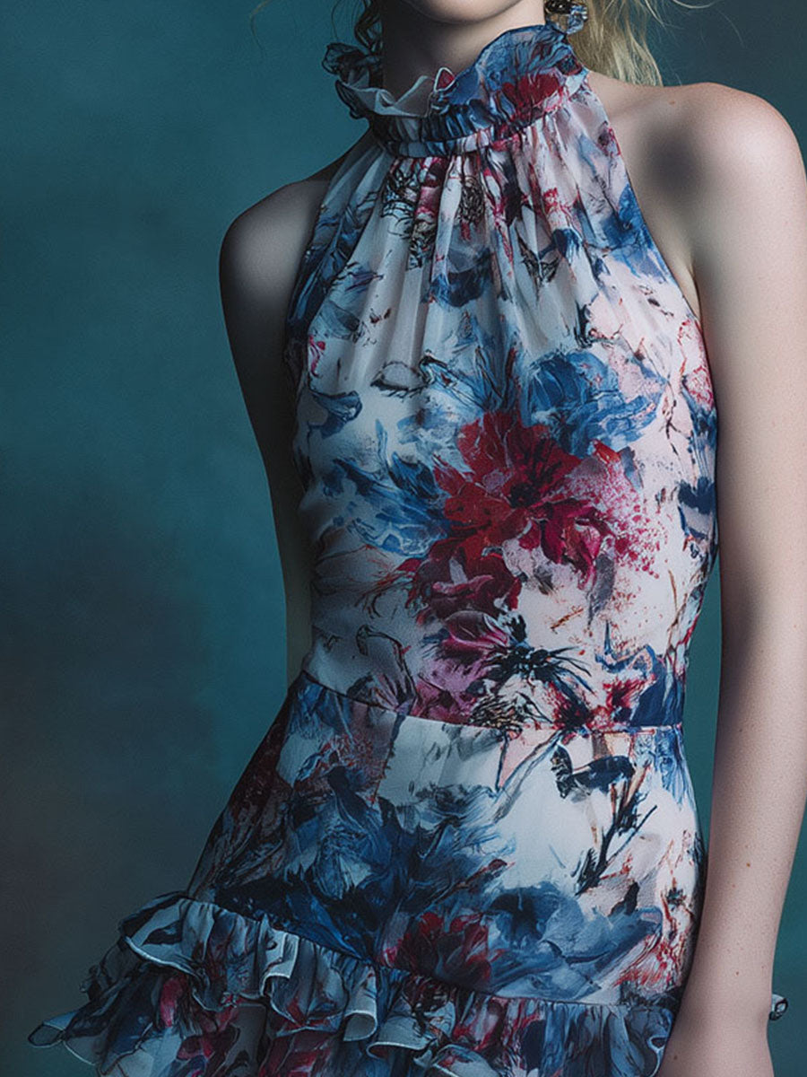 High Neck Abstract Floral Halter Mini Dress With Ruffled Layered Hem