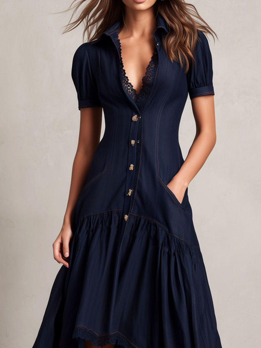 Indigo High-Low Buttons Fit-and-Flare Midi Dress With Lace Trim