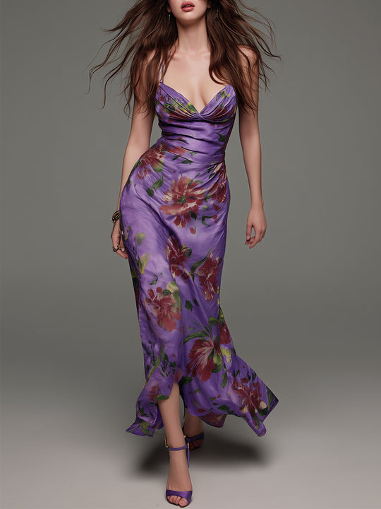 Elegant Floral Print Satin Slim-fit Spaghetti Strap Maxi Dress