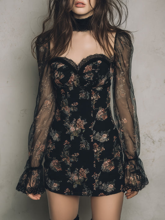 Elegant Printed Mesh Panel Mini Dress With Lace Trim