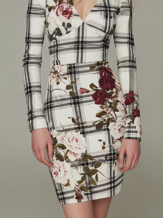 Elegant Checkered Rose Print Slim-fit Mini Dress