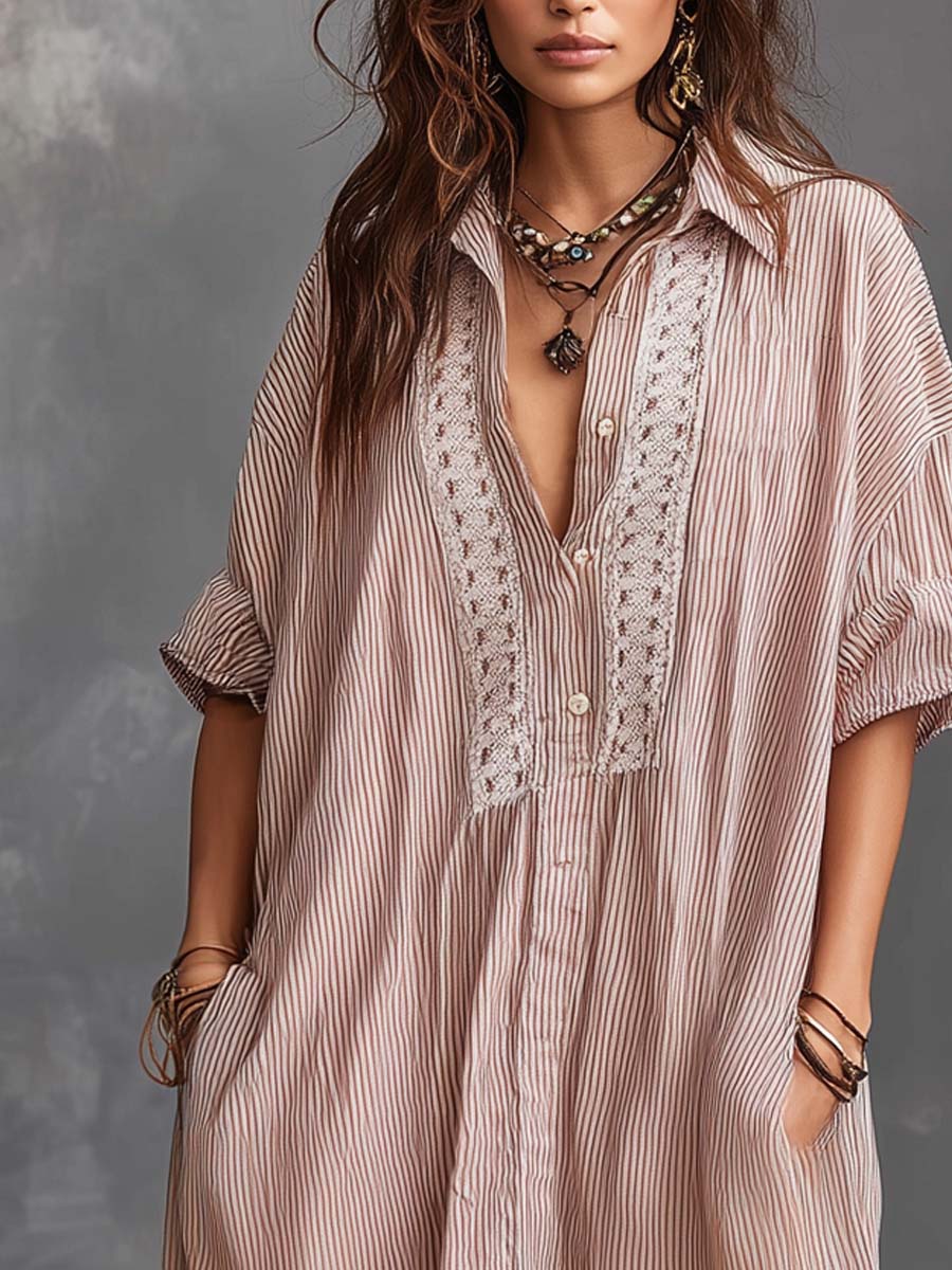 Retro Striped Lace Neck Short-sleeved Mini Dress