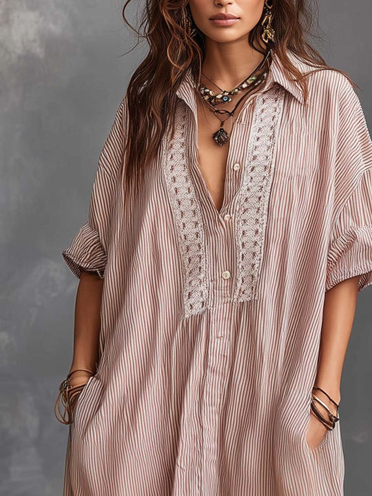 Retro Striped Lace Neck Short-sleeved Mini Dress