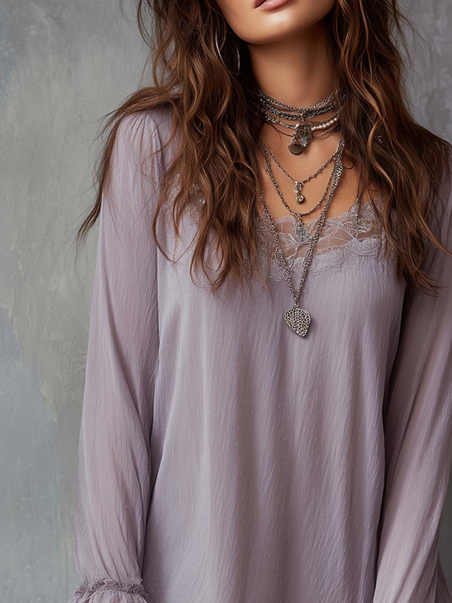 Retro Square Neck Lace Trim Chiffon Mini Dress