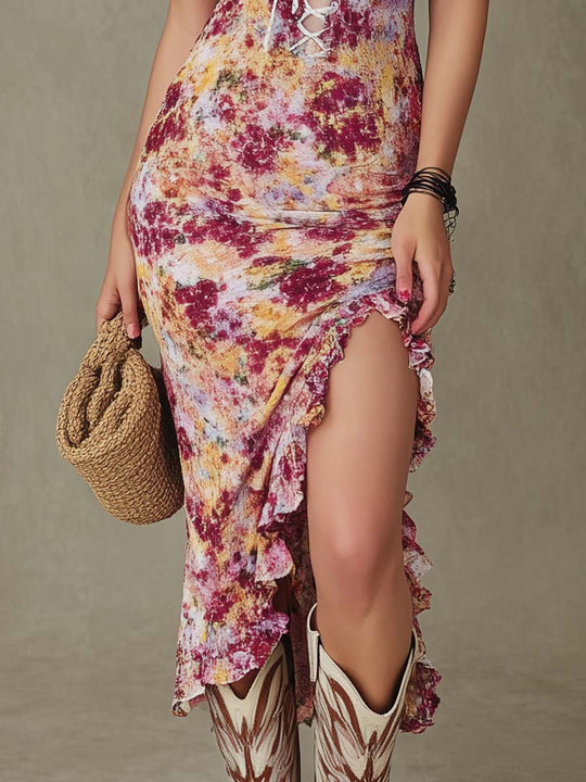 Vintage Lace-up Ruffle Trim Boho Floral Midi Dress