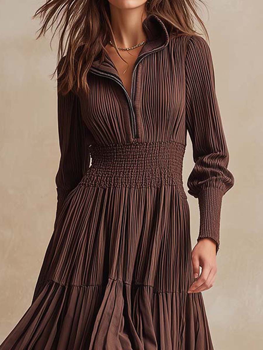 Smocked Pleated Zip-Front Midi Dress