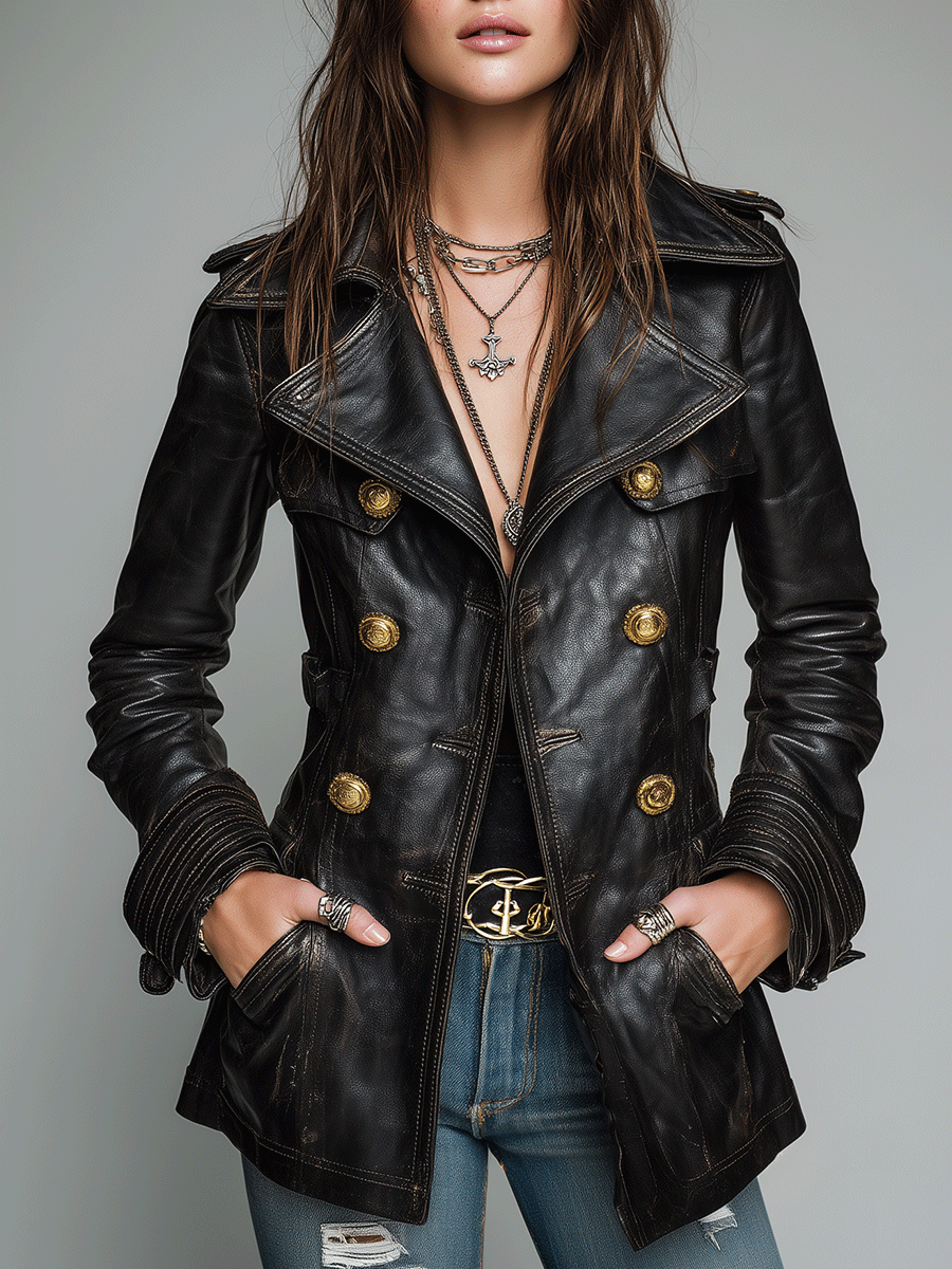 Vintage Black Double-Breasted Faux Leather Jacket