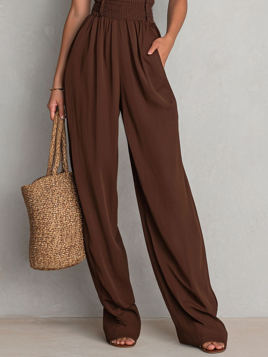 Boho Brown Smocked Top Wide-Leg Jumpsuit With Adjustable Straps