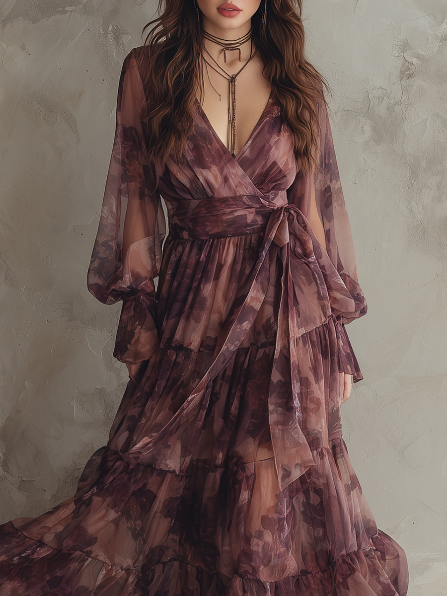 Romantic Holiday Printed Chiffon Ruffle Hem Maxi Dress