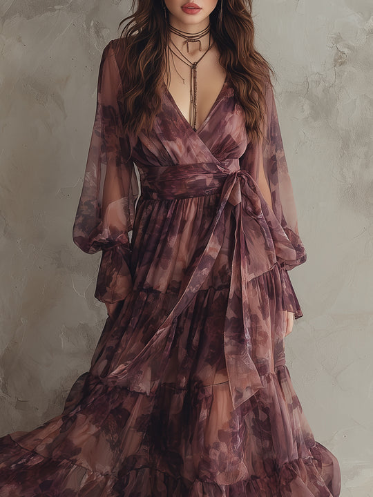 Romantic Holiday Printed Chiffon Ruffle Hem Maxi Dress