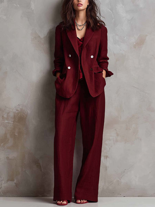 Wine Red Linen-Blend Relaxed Blazer & Wide-Leg Pants Set