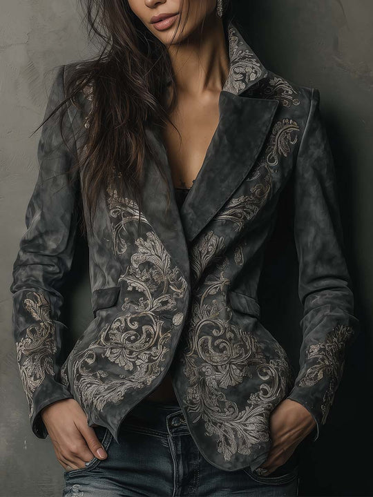 Embossed Floral Eco-Suede Blazer In Charcoal Taupe
