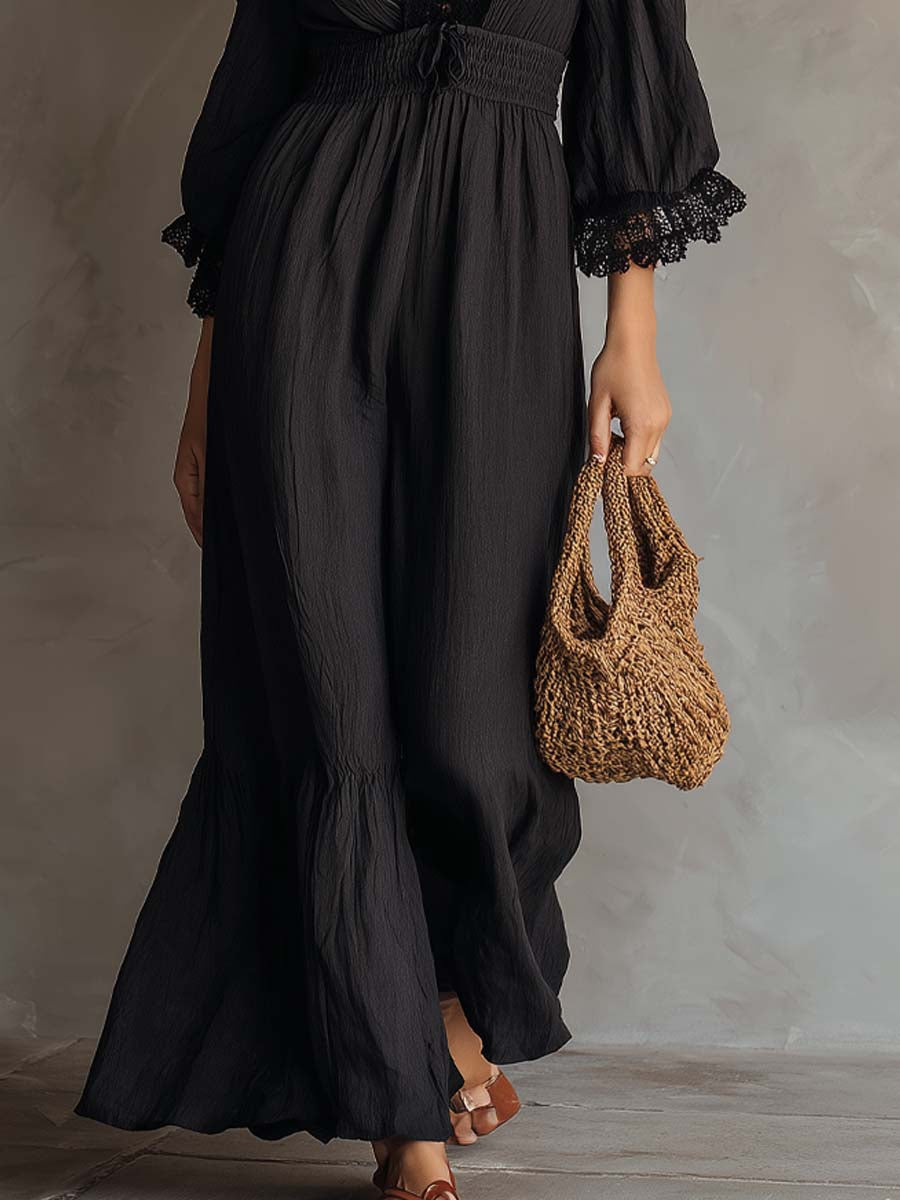 Vintage V-neck Lace-trimmed Cotton Linen Jumpsuit