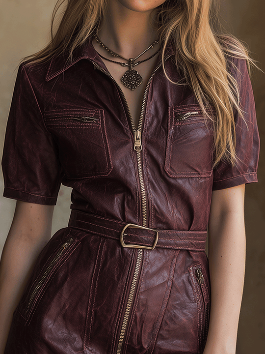 Vintage Burgundy Leather Zip Belt Mini Dress