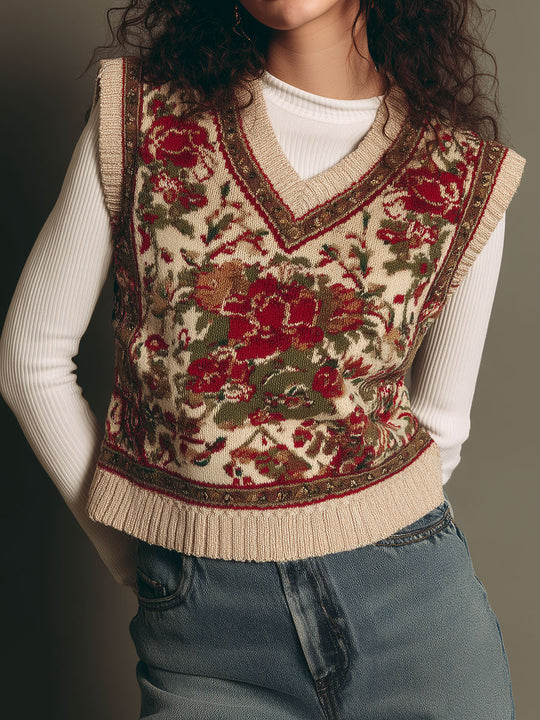 Vintage Cream And Burgundy Rose Pattern Knit Sleeveless Sweater