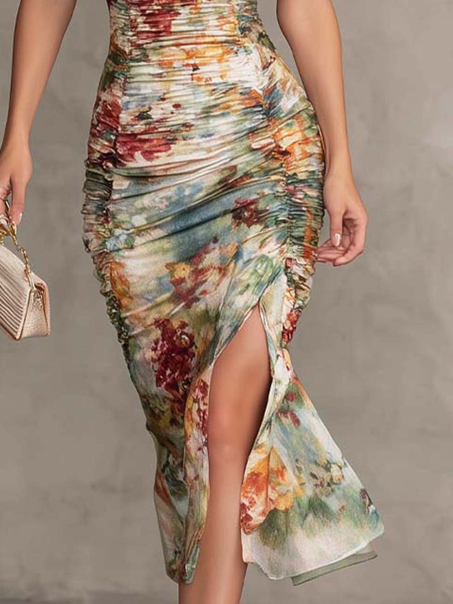 Retro And Elegant Floral Ruched Square-Neck Midi Dress