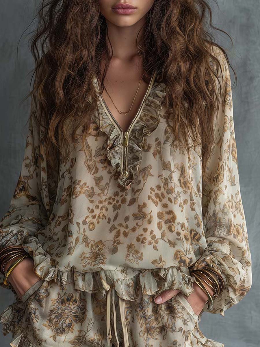 Boho Vintage Floral Chiffon Blouse & Shorts Set