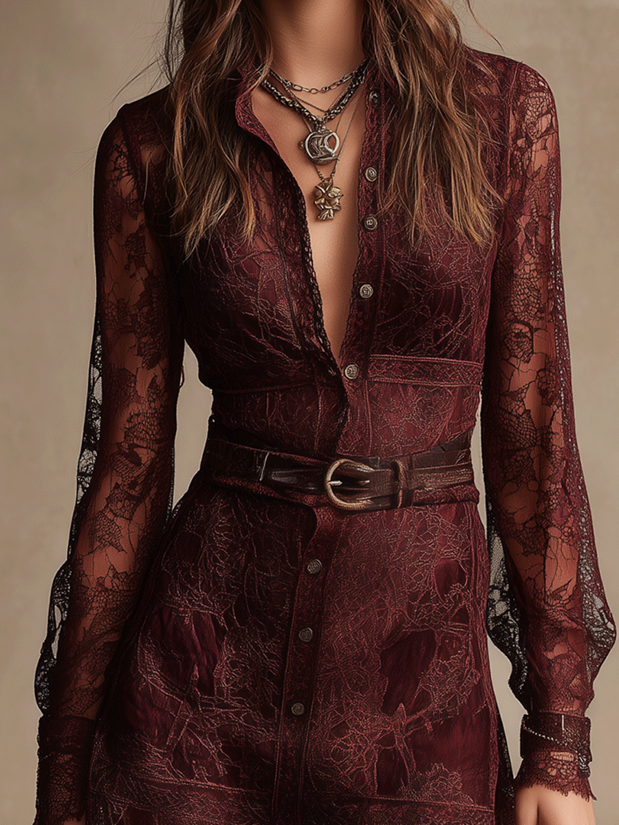 Bohemian-Style Lace Midnight Burgundy Mini Dress