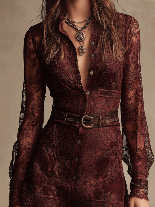 Bohemian-Style Lace Midnight Burgundy Mini Dress