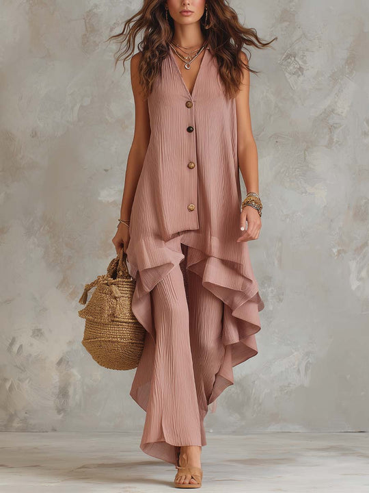 Bohemian Style Crinkled Gauze Sleeveless Top And Wide-leg Pants Two-piece Set