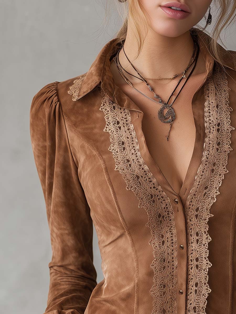 Vintage Lace Placket Polyester Suede Blouse