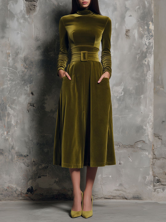 Vintage Allure Olive Velvet Belted Midi Dress With Pockets