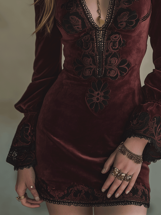 Vintage Burgundy Baroque Embroidered Velvet Deep-V Mini Dress