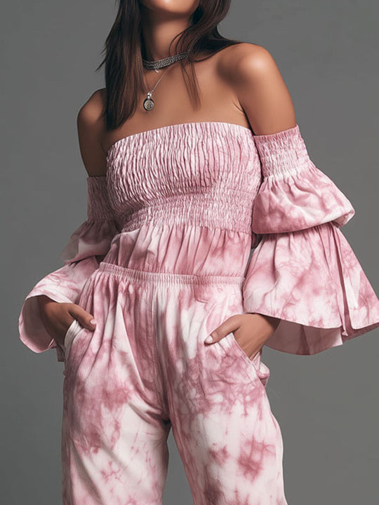 Boho Rose Tie-Dye Off-Shoulder Smocked Jumpsuit With Flared Sleeve