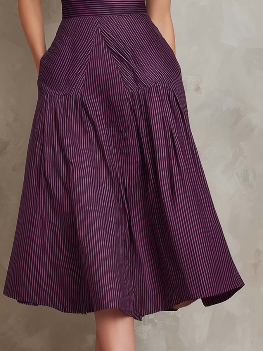 Retro Striped Matte Polyester Satin Midi Dress