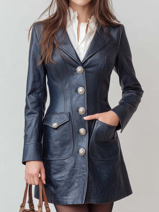 Vintage-style Lapel Button Flap Pocket Faux Leather Mini Dress