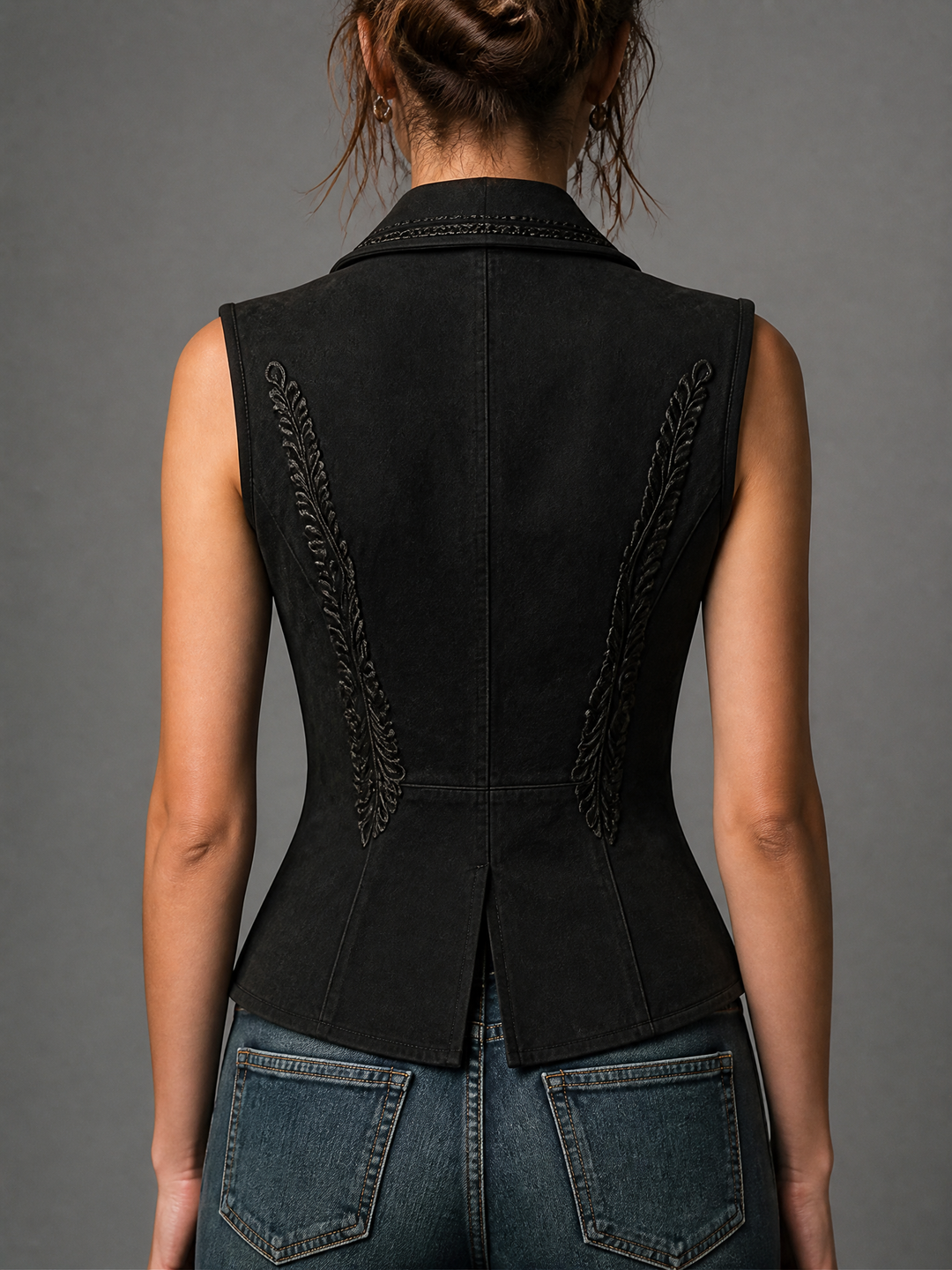 Black Embroidered Double-Breasted Tailored Vest