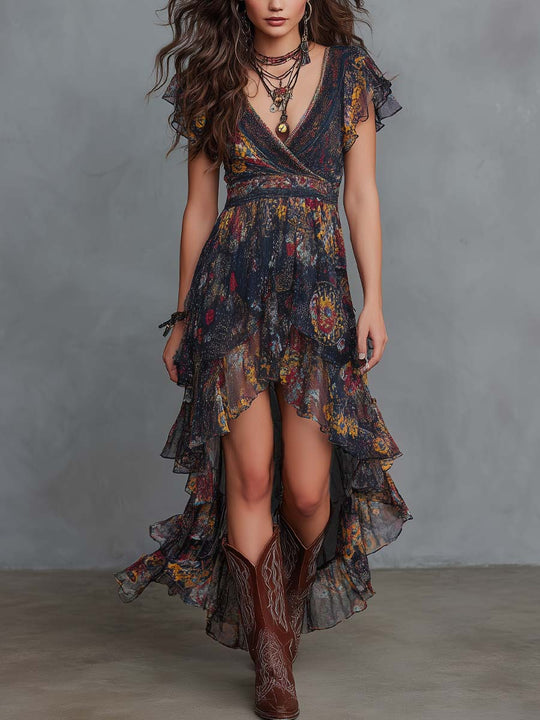 Retro Ethnic Print Chiffon Midi Dress