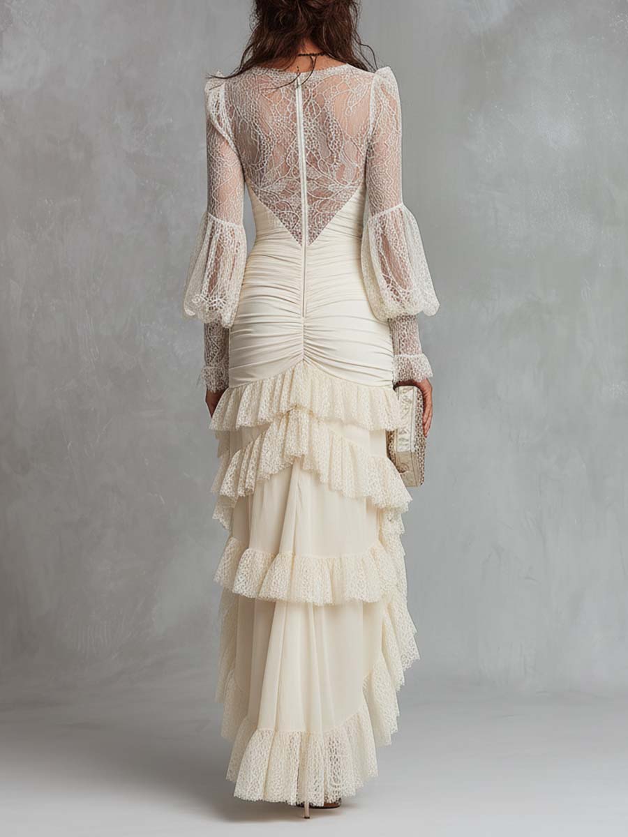 Vintage Boho Lace Asymmetrical Ruffle Dress