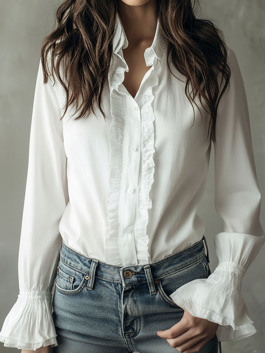 Elegant Ruffled Button-Down Long Sleeve Shirt With Flared Cuffs