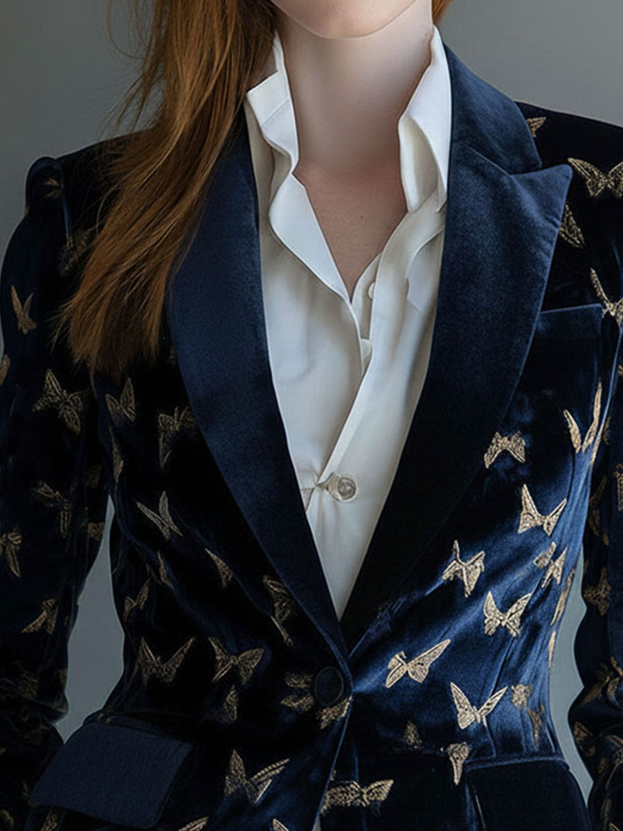 Vintage Navy Velvet Gold Butterfly Embroidered Blazer